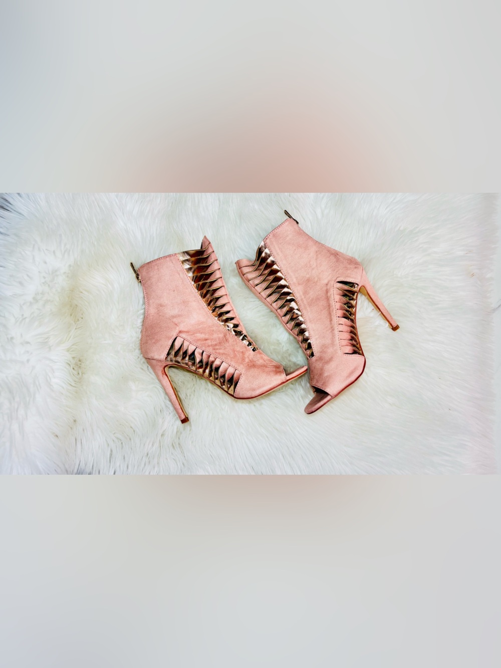 Cape Robbin Rose Gold & Pink Suede Cutout Metallic Peep-Toe Stiletto Booties NEW - Picture 6 of 16